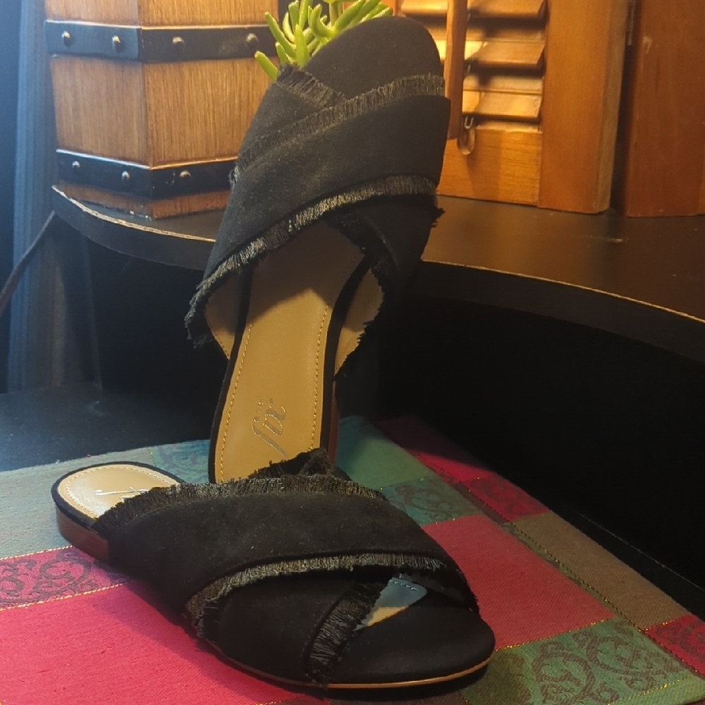 The Fix Brystal Sandals Fringe Slide On Black Suede Women's Size 8M NEW NWOB